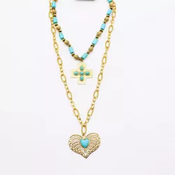 Collier Double Tour Acier Inoxydable Doré et Turquoise