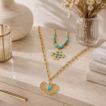 Collier Double Tour Acier Inoxydable Doré et Turquoise
