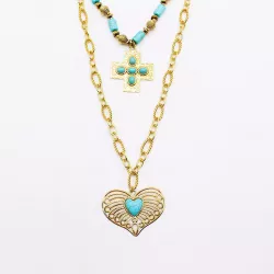 Collier Double Tour Acier Inoxydable Doré et Turquoise