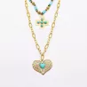 Collier Double Tour Acier Inoxydable Doré et Turquoise
