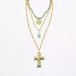 Collier Multirangs Doré Acier Inoxydable Turquoise Croix Bohème