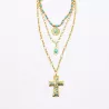 Collier Multirangs Doré Acier Inoxydable Turquoise Croix Bohème