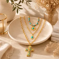Collier Multirangs Doré Acier Inoxydable Turquoise Croix Bohème