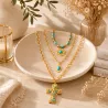Collier Multirangs Doré Acier Inoxydable Turquoise Croix Bohème