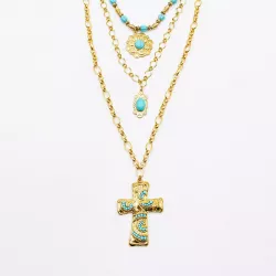 Collier Multirangs Doré Acier Inoxydable Turquoise Croix Bohème