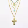 Collier Multirangs Doré Acier Inoxydable Turquoise Croix Bohème