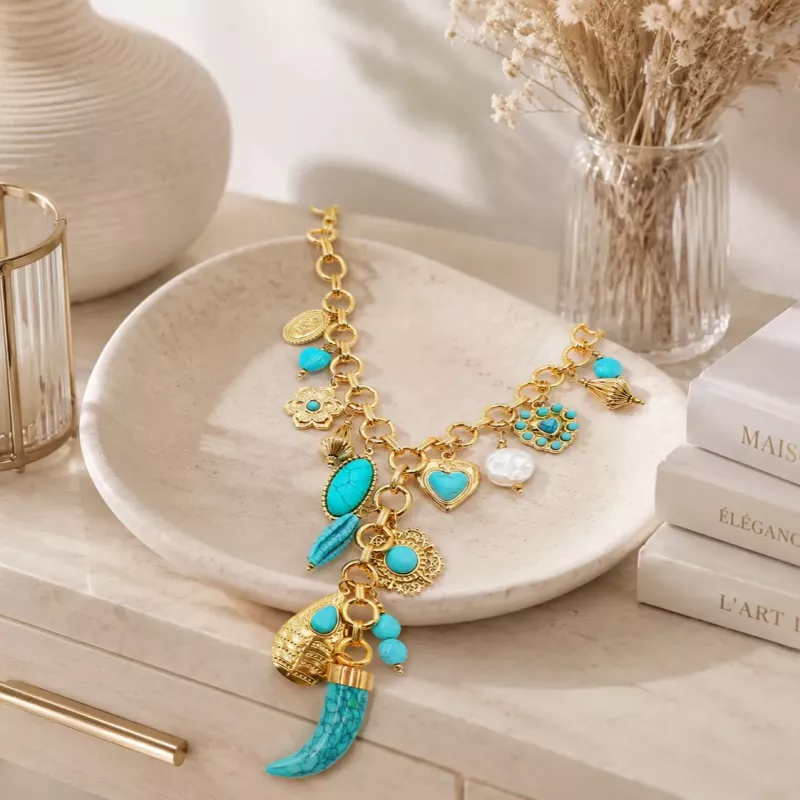 Collier Bohème Charms Turquoise Acier Inoxydable Doré