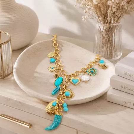 Collier Bohème Charms Turquoise Acier Inoxydable Doré