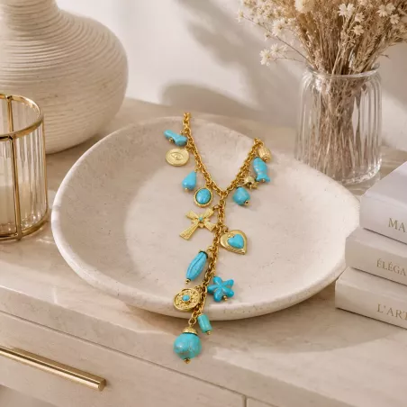 Collier Bohème Charms Turquoise en Acier – Croix & Cœur