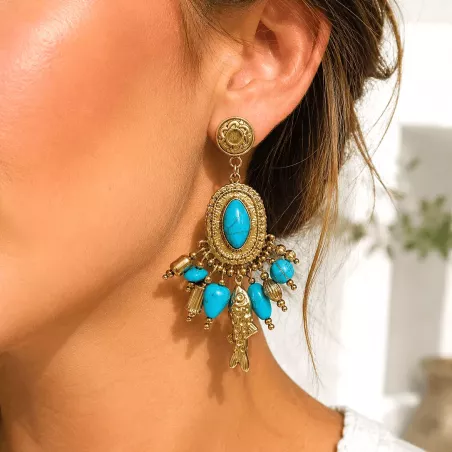 Boucles d'Oreilles Bohème Turquoise Acier Inoxydable Doré
