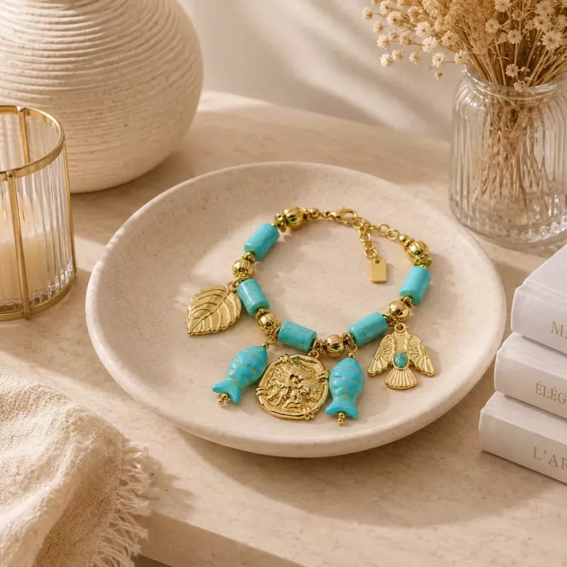 Bracelet Bohème Turquoise Acier Inoxydable Doré Charms