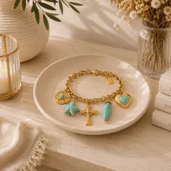 Bracelet Bohème Croix et Cœur Turquoise Acier Inoxydable