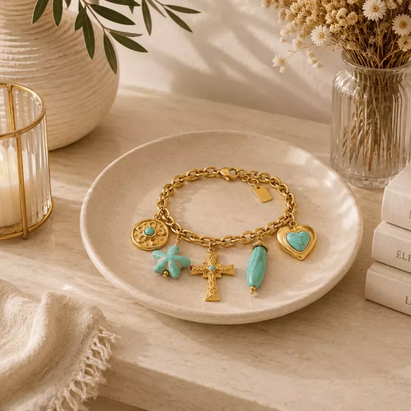 Bracelet Bohème Croix et Cœur Turquoise Acier Inoxydable