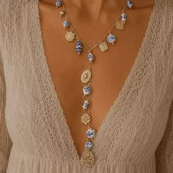 Collier Y acier inoxydable pampilles céramique dorée