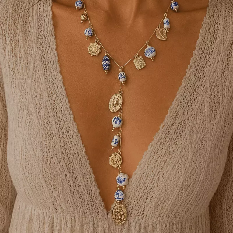 Collier Y acier inoxydable pampilles céramique dorée
