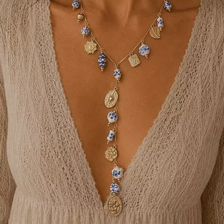 Collier Y acier inoxydable pampilles céramique dorée