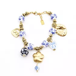 Bracelet breloques acier doré et céramique bleue