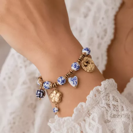 Bracelet breloques acier doré et céramique bleue