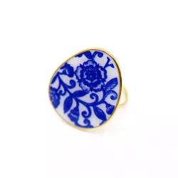 Bague ajustable acier doré motif céramique bleue