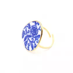 Bague ajustable acier doré motif céramique bleue