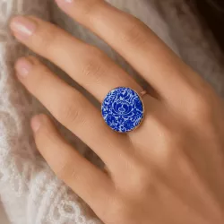 Bague ajustable acier doré motif floral bleu