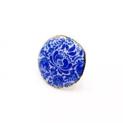 Bague ajustable acier doré motif floral bleu