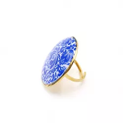 Bague ajustable acier doré motif floral bleu