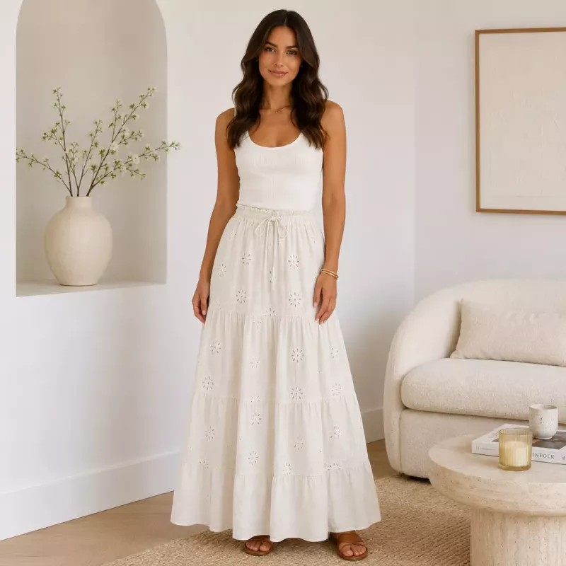 Jupe longue broderie anglaise - 100% coton