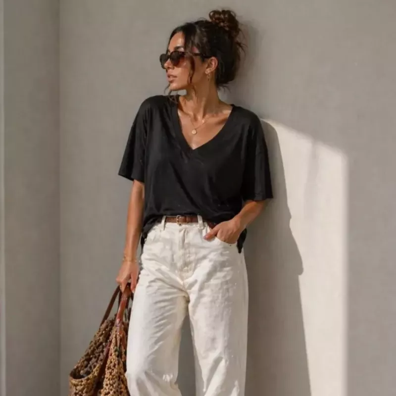 T-shirt Femme Oversize Col V – Taille Unique