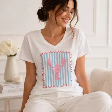 T-shirt Femme Motif Homard Rose – Taille Unique