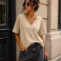 T-shirt Femme Col V – Coupe Ample et Décontractée