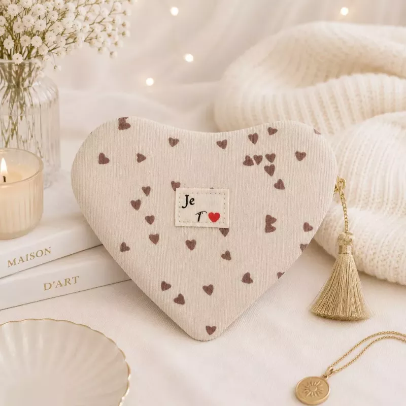 Pochette Cœur Je T’♥ Beige à Petits Cœurs