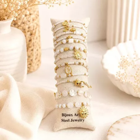 Pack de 12 bracelets cristal de verre et acier - blanc