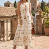 Robe longue bohème en coton – Plastrons brodés & détails pailletés