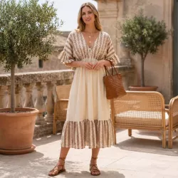 Robe midi bohème en coton – Imprimé ethnique marron/beige