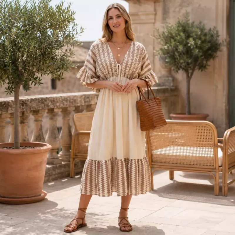 Robe midi bohème en coton – Imprimé ethnique marron/beige