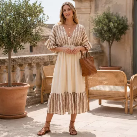 Robe midi bohème en coton – Imprimé ethnique marron/beige