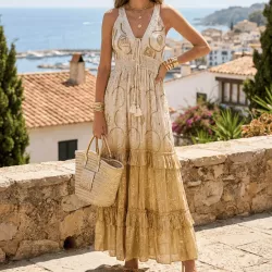 Robe longue bohème en coton – Lurex, perles & paillettes