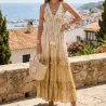 Robe longue bohème en coton – Lurex, perles & paillettes