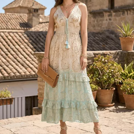Robe longue bohème en coton – Lurex, perles & paillettes