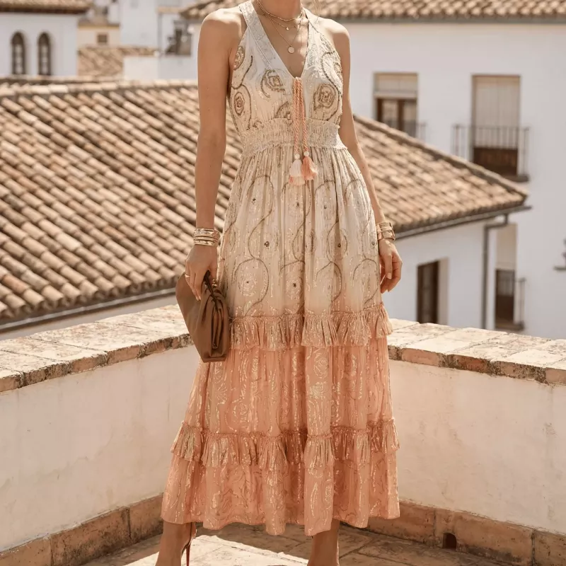 Robe longue bohème en coton – Lurex, perles & paillettes