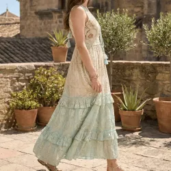 Robe longue bohème en coton – Lurex, perles & paillettes