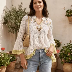 Blouse Bohème Dentelle Brodée – 100% Coton