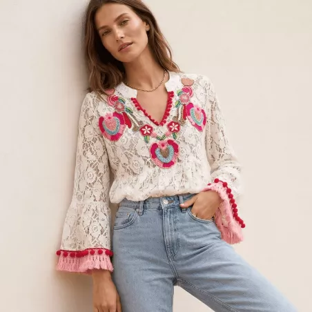 Blouse Bohème Dentelle Brodée – 100% Coton