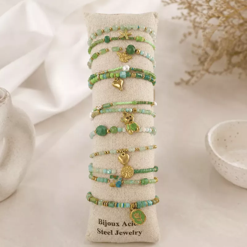 Pack de 12 bracelets cristal de verre et acier - vert