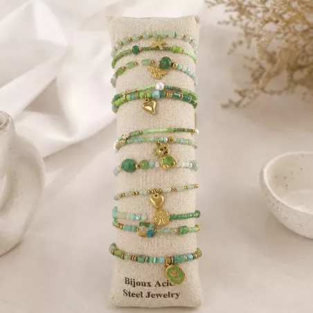 Pack de 12 bracelets cristal de verre et acier - vert