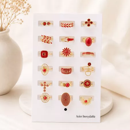 Pack 18 bagues acier inoxydable - rouge