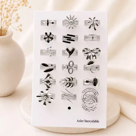 Pack 18 bagues acier inoxydable - argenté