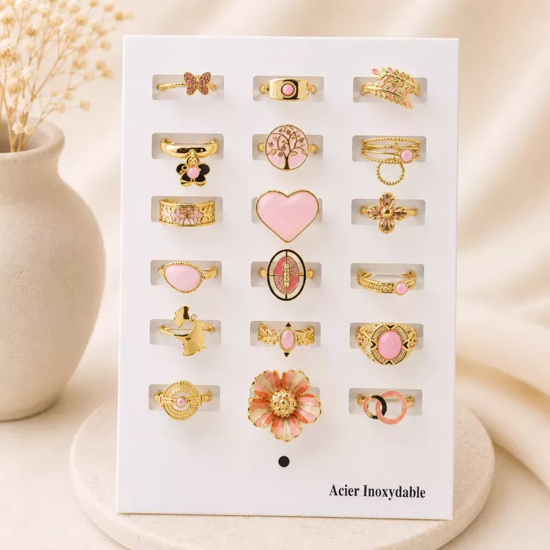 Pack 18 bagues acier inoxydable - ROSE