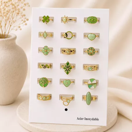 Pack 18 bagues acier inoxydable - vert clair